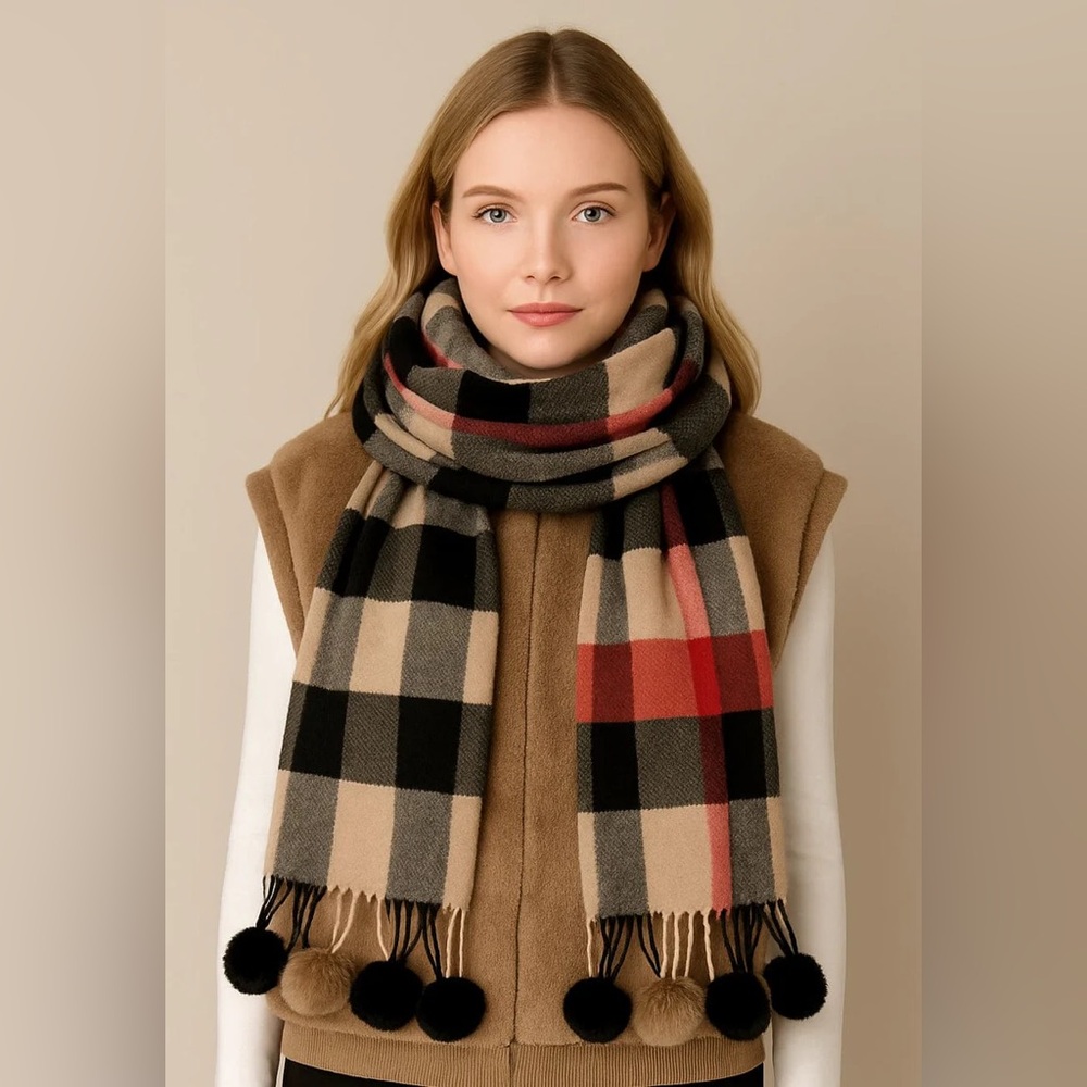 Plaid Wool Scarf in Red and Tan with pompom taseel
